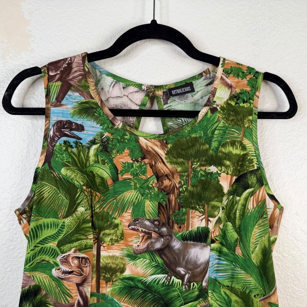 Retrolicious Dress Green Sz L Dinosaur Jurassic Jungle Tropical Novelty - Picture 4 of 10